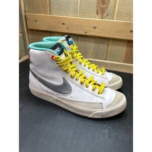 Nike Big Kids Blazer Mid 77 Size 6Y White Sneakers W/ Floral Heel & Yellow Laces